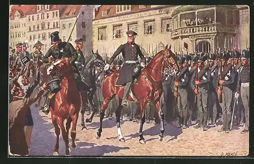 Künstler-AK O. Merte: Blüchers Einzug auf dem Marktplatz in Leipzig 1813