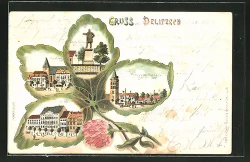 Passepartout-Lithographie Delitzsch, Ansichten auf Kleeblatt, Rathaus, Marktplatz, Rossplatz