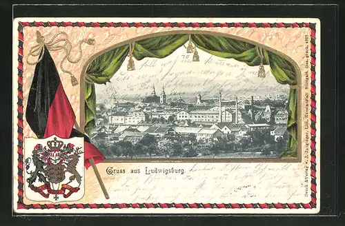 Präge-Passepartout-Lithographie Ludwigsburg, Gesamtansicht aus der Vogelschau mit Wappen und Fahne