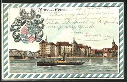 Lithographie Torgau, Totalansicht von der Elbseite mit Dampfer und Wappen