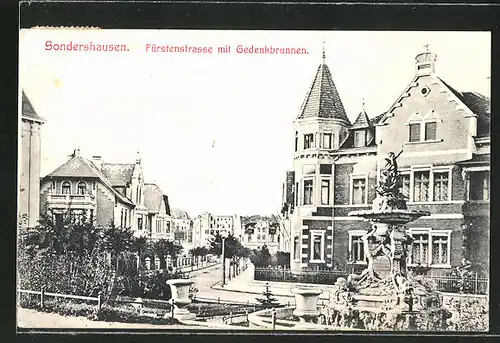 AK Sondershausen, Fürstenstrase mit Gedenkbrunnen