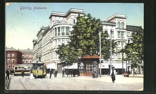 AK Görlitz, Strassenbahnen auf dem Postplatz