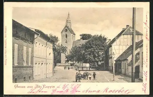 AK Alt-Ruppin, Friedrich-Wilhelm-Strasse mit Blick zur Kirche