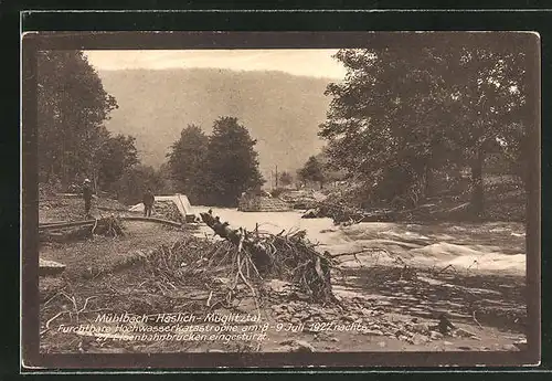 AK Mühlbach-Häslich, furchtbare Hochwasserkatastrophe 1927, eingestürzte Eisenbahnbrücke