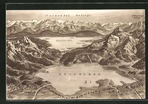 Künstler-AK Eugen Felle: Kochel, Panorama mit Schlehdorf gegen Karwendel Gebirge