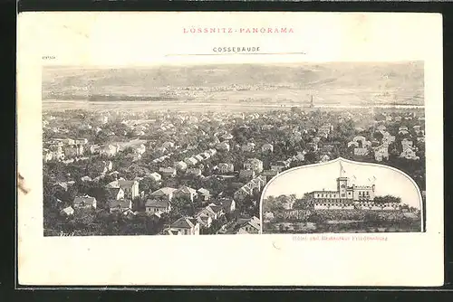 AK Lössnitz, Hotel und Restaurant Friedensburg, Panorama mit Cossebaude