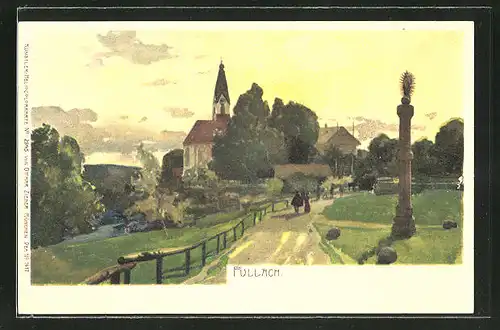 Lithographie Pullach, Strasse in das Dorf