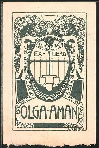 Exlibris von G. Tobler für Olga Aman, Rosen und Wappen