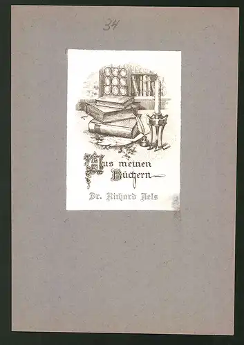 Exlibris Dr. R ichard Kels, Bücher und Kerzenständer