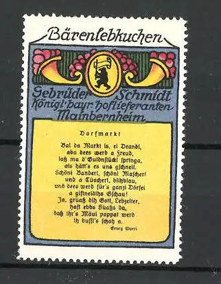 Reklamemarke Bären-Lebkuchen, Lebkuchenfabrik Gebr. Schmidt, Mainbernheim, Gedicht und Wappen