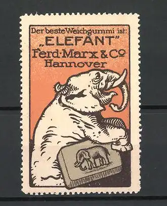 Reklamemarke "Perplex" Radiergummi, Ferd. Marx & Co in Hannover, Elefant mit einem Radiergummi