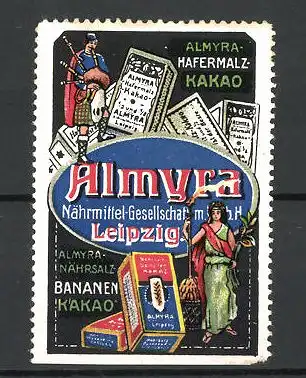 Reklamemarke "Almyra" Hafermalz- und Bananen-Cacao, Nährmittel-Gesellschaft mbH in Leipzig, Dudelsackspieler & Göttin