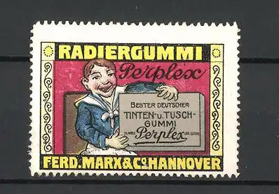 Reklamemarke "Perplex" Radiergummi, Ferd. Marx & Co. in Hannover, Mann mit Radiergummi