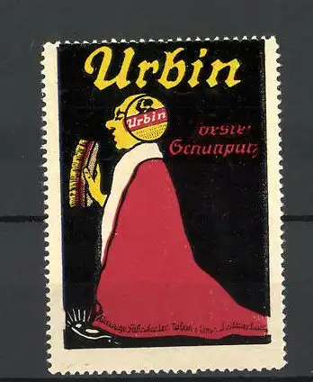 Reklamemarke "Urbin" bester Schuhputz, Mann im roten Umhang mit Bürste und Schuhputzschachtel