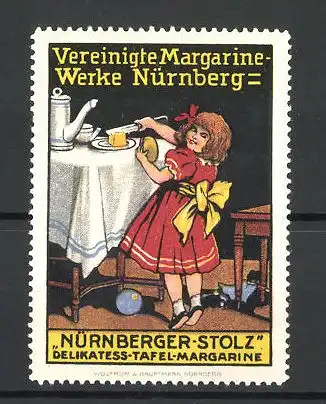 Reklamemarke "Nürnberger Stolz" Delikatess-Tafel-Margarine, Vereinige Margarine-Werke in Nürnberg, Mädchen nimmt Butter