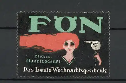 Reklamemarke Elektrischer Haartröckner "Fön", Dame fönt sich ihr langes Haar