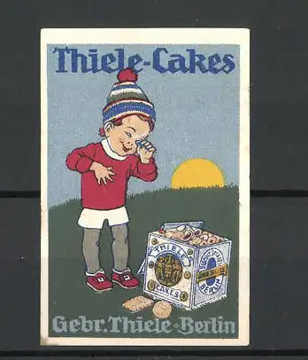 Reklamemarke Thiele-Cakes, Gebr. Thiele in Berlin, Bube schaut auf eine Packung kleiner Kuchen