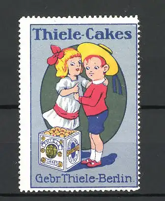 Reklamemarke Thiele-Cakes, Gebr. Thiele in Berlin, Kinderpaar mit Packung kleiner Kuchen