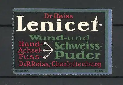Reklamemarke "Lenicet"- Wund- und Schweisspuder, Dr. R. Reiss in Berlin-Charlottenburg