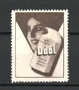 Reklamemarke "Odol" Mundwasser, lächelnde Frau mit Mundwasserflasche