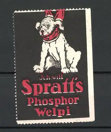 Reklamemarke Spratt's Phosphor-Welpi, trauriger Hundewelpe mit roter Schleife