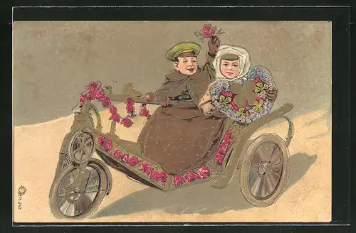 Präge-AK Kleines Paar im Motor-Dreirad