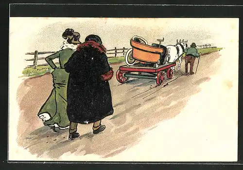 Lithographie Autowrack wird auf Pferdegespann transportiert, Frauen laufen hinterher