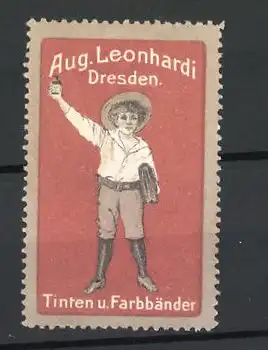 Reklamemarke Tinten und Farbbänder von Aug. Leonhardi in Dresden, Schuljunge mit Tintenfässchen