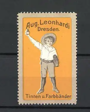 Reklamemarke Tinten und Farbbänder von Aug. Leonhardi in Dresden, Schuljunge mit Tintenfässchen