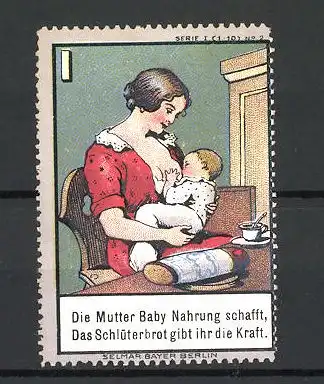 Reklamemarke "Schlüterbrot, Mutter fütter Kind mit der Brust