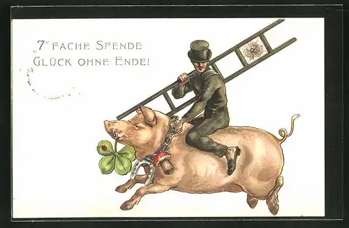 AK Schornsteinfeger reitet auf einem Schwein mit Pilz, Hufeisen und Kleblatt