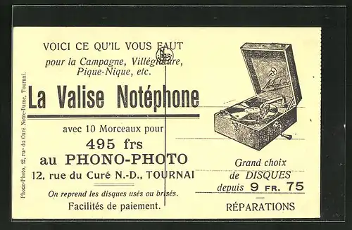 AK Douai, Eglise Notre-Dame mit rückseitiger Reklame für Grammophon "La Valise Notéphone"
