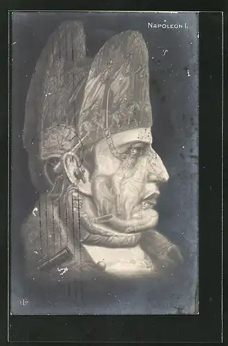 AK Napoleon I. trägt eine Maske aus Soldaten im Kampf, Metamorphose