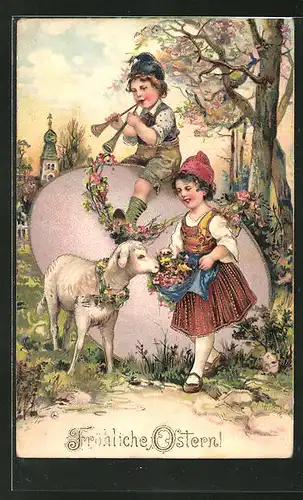 Präge-Lithographie Junge musizert auf einem übergrossen Osterei, Mädchen füttert ein Schaf, "Fröhliche Ostern"