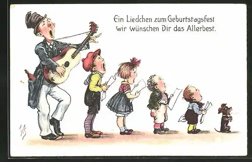 Künstler-AK Willi Scheuermann: Ein Liedchen zum Geburtstagsfest, Sängergruppe von gross nach klein