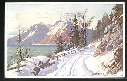 Künstler-AK Rudolf Reschreiter: Walchensee im Winter