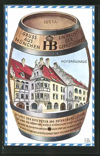 Künstler-AK Hans Boettcher: Münchner Hofbräuhaus in einem Bierfass