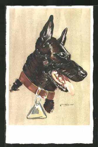 Künstler-AK Hilla Peyk: Hechelnder Schäferhund mit Halsband