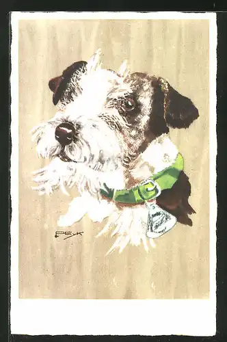 Künstler-AK Hilla Peyk: Weiss-braun gescheckter Terrier mit grünem Halsband