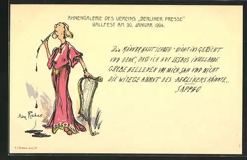 Künstler-AK Max Rabes: Sappho mit Zigarette und Harfe, Ahnengalerie "Berliner Presse", Ballfest 1904