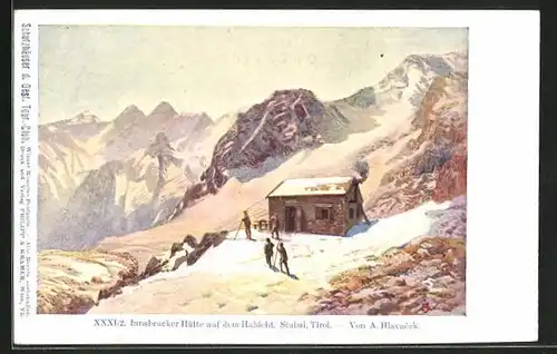 Künstler-AK Anton Hlavacek: Innsbrucker Hütte auf dem Habicht in Stubai