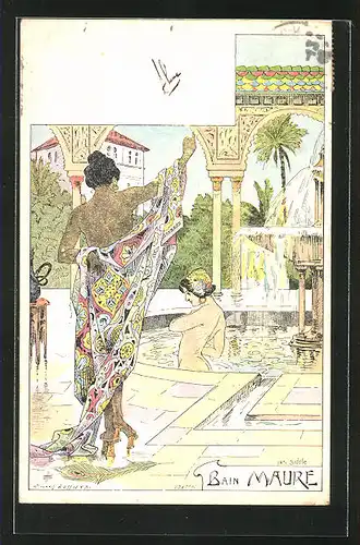 Künstler-AK Ernest Lessieux: Jugendstil, Bain Maure, Damen baden im antiken Springbrunnen