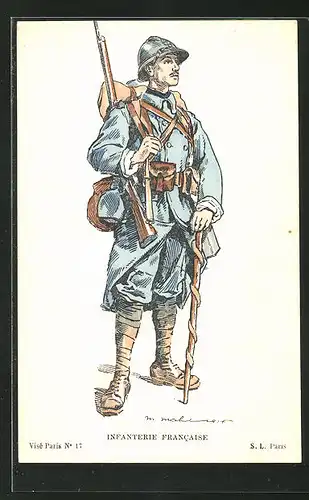 Künstler-AK Infanterie, Soldat mit Gepäck und Gewehr