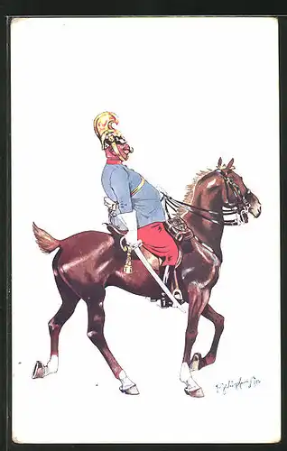 Künstler-AK Fritz Schönpflug: dicker Soldat auf einem Pferd sitzend