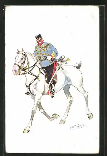 Künstler-AK Fritz Schönpflug: dicker Soldat in Uniform reitet auf einem Pferd