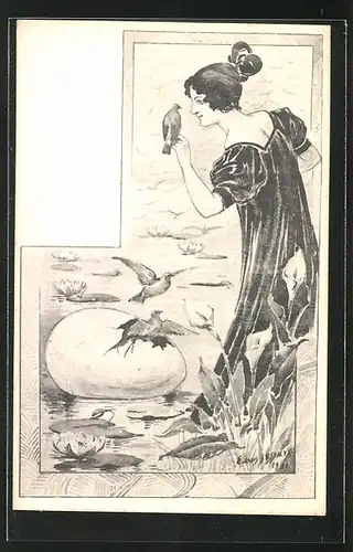Künstler-AK Ernest Lessieux: hübsche Frau mit grossem Ei und Vögeln am Seeufer, Jugendstil