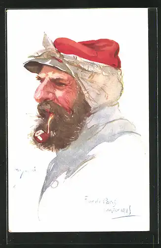 Künstler-AK Em. Dupuis: Portrait alter Soldat mit Pfeife im Profil, Four de Paris Janvier 1915