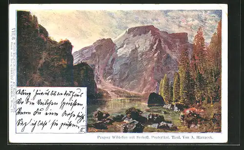 Künstler-AK Anton Hlavacek: Pragser Wild-See mit Seekofl, Pustertal, Tirol