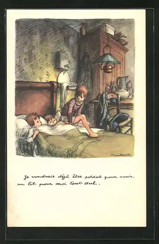Künstler-AK Francisque Poulbot: "Je voudrais deja etre soldat...", Kinder teilen sich ein Bett