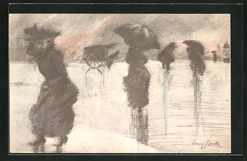 Künstler-AK Henri Boutet: Silhouette Damen mit Schirm im Sturm